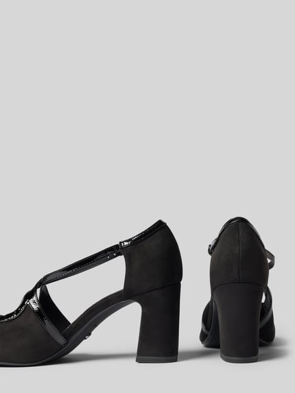 Produktfoto, zwarte pumps in leerlook met blokhak en glanzende details, Pumps in Leder-Optik van Tamaris, Dames