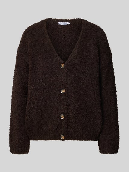 Produktfoto, Relaxed Fit Strickjacke aus Woll-Viskose-Mix Modell 'Sofia' von ZABAIONE in Dunkelbraun, grobe Textur, langärmlig, V-Ausschnitt, Knopfleiste
