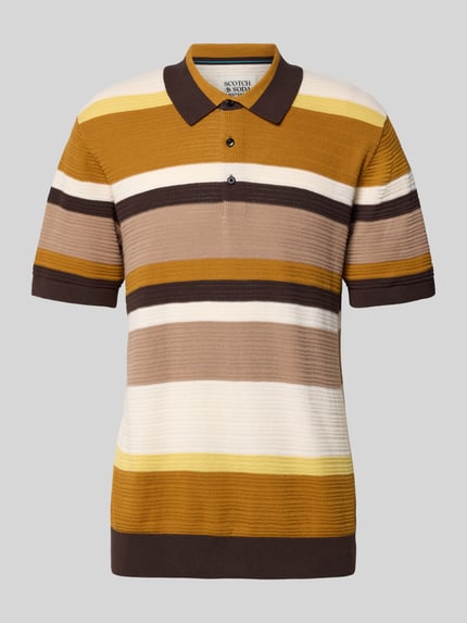 Produktfoto, Regular Fit Poloshirt mit Knopfleiste von Scotch & Soda für Herren aus Reine Baumwolle mit Strukturmuster im Allover-Look, Rückenlänge 71 cm bei Größe M, gestreift in Braun-, Beige- und Cremetönen.