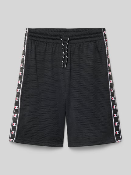 Productfoto, Straight Fit Shorts aus Mesh met logo-detail van CHAMPION voor kinderen, zwart met elastische band en tunnelkoord, meshtextuur