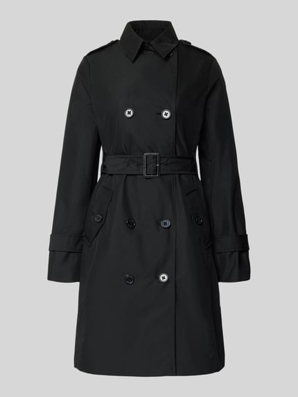Produktfoto, Regular Fit Trenchcoat aus Baumwoll-Mix von s.Oliver RED LABEL, krój regular fit, jednolity kolor, wykładany kołnierz, listwa guzikowa 2-rzędowa, aplikacja z metką, szlufki na pasek, klapy na ramionach, pas na plecach, długi rękaw, boczne kieszenie z patką, wykończenie materiału: mieszanka bawełny