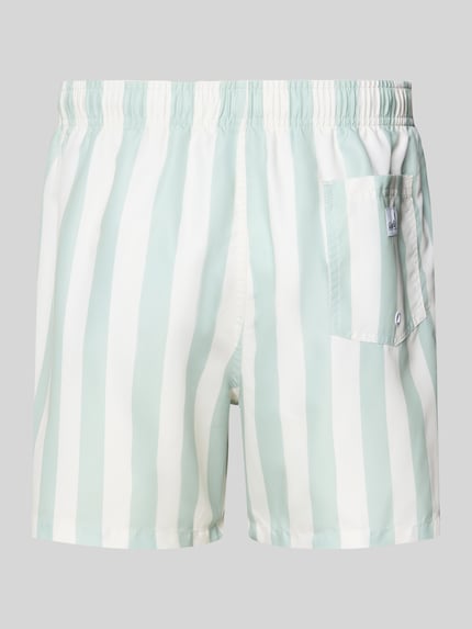 Produktfoto, Badehose im Allover-Look Modell 'Fistral Stripe' von BOARDIES, mintgrün-weiße Streifen, elastischer Bund, Kordelzug, Regular Fit