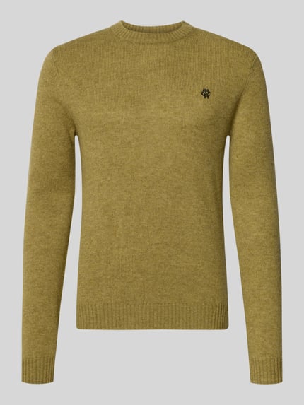Produktfoto, Slim Fit Strickpullover aus reiner Wolle mit Label-Stitching von MCNEAL in Gelbgrün, gerippte Abschlüsse, glatte Textur