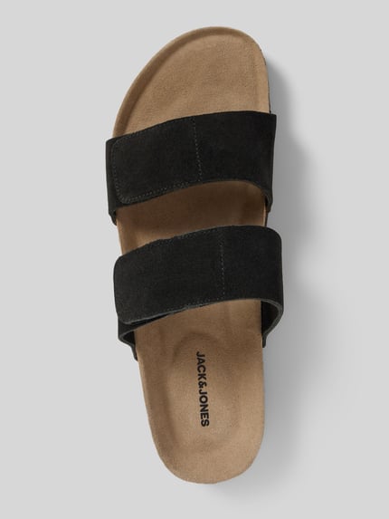 Produktfoto, Sandalette aus Kalbsleder Modell 'MALTA' von Jack & Jones, czarny pasek z rzepem, skóra cielęca, zakładana przez głowę, wysokość obcasa: 3 cm, rozmiar 44