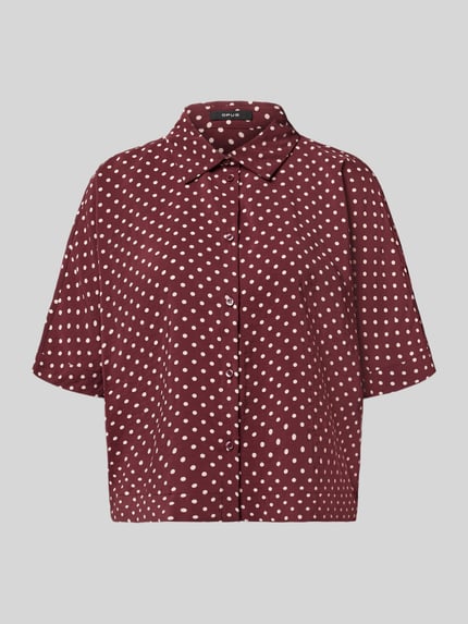 Productfoto, regular fit blouse met korte mouwen uit modalmix model 'Farise polkadot' van OPUS in bordeauxrood met witte polkadots, Dames