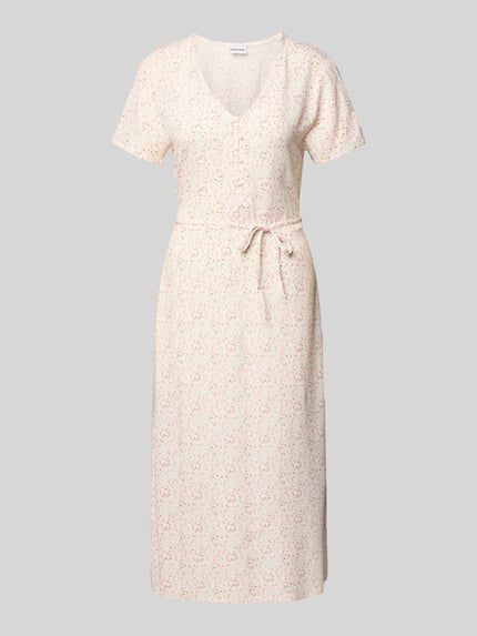 Produktfoto, A-Linien Midikleid aus reiner Viskose Modell 'BARRI' von Pieces mit Optik:Allover-Muster, Midi-Länge, Rundhals, Knopf-Verschluss, ohne Ärmel, geradem Saum, Material: reine Viskose in zarten Creme- und Rosétönen, glatte Textur.