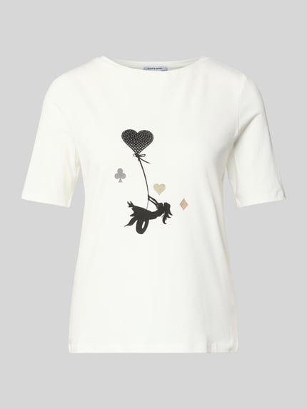 Produktfoto, T-Shirt mit Motiv-Print von More & More in Weiß, Regular-Fit, Baumwoll-Modal-Mix mit Stretch-Anteil, gerippter Rundhalsausschnitt, Motiv-Print, Rückenlänge 56 cm bei Größe 36, Damen T-Shirt