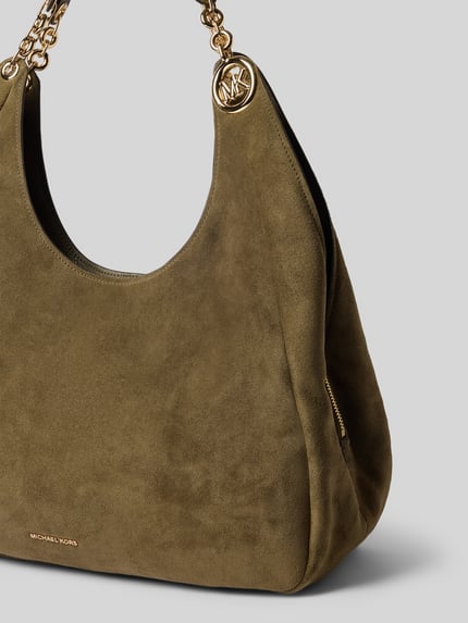 Produktfoto, Handtasche aus echtem Leder Modell 'ELLIE' von MICHAEL Michael Kors in Olivgrün, goldene Details, samtige Textur, abgerundete Form, Label-Applikation, Schulterriemen, Magnetverschluss, Größe 42x41x14 cm, Länge Schulterriemen 36 cm