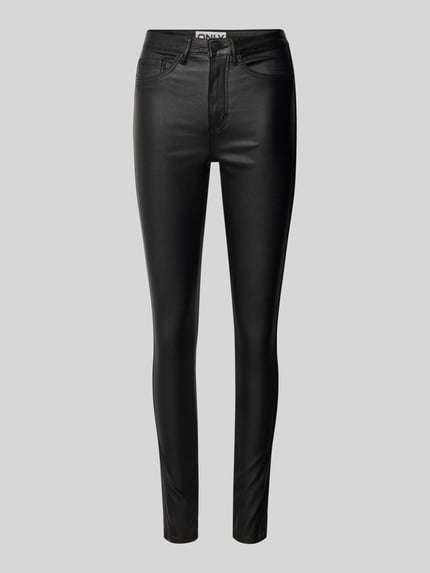 Produktfoto, Skinny Fit Jeans uit viscosemix Model 'ROYAL' van ONLY, zwart, met coating, 5-pocketmodel, high waist, knoop- en ritssluiting, labelpatch aan de band, binnenbeenlengte 74 cm, bandwijdte 68 cm, dames jeans.