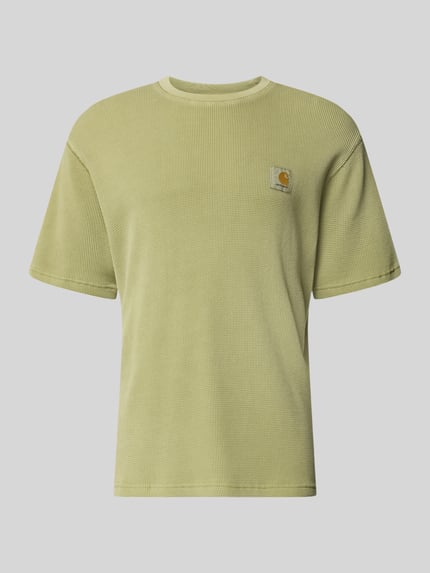 Produktfoto, Herren T-Shirt mit Strukturmuster Modell 'Nelson' von Carhartt Work In Progress aus Reine Baumwolle in zartem Grün, Rundhalsausschnitt, Label-Detail, Relaxed-Fit, Rückenlänge 70 cm in Größe M