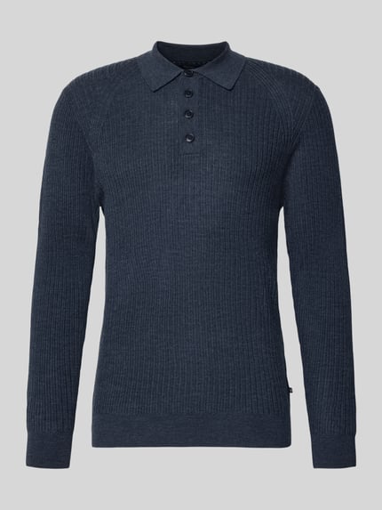 Produktfoto, granatowa koszulka polo z czystej wełny, krój slim fit, model 'Kerone' od Matinique, kołnierzyk polo, z długim rękawem, długość tyłu w rozmiarze M: 72 cm