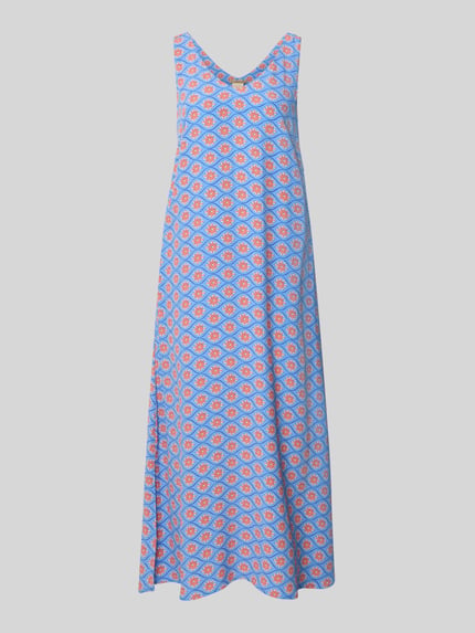 Produktfoto, Midikleid aus Viskose mit V-Ausschnitt von Smith and Soul, Allover-Look in Blau und Orange, A-Linie, glatte Textur, Rückenlänge 35 cm, Brustweite 34 cm, für Damen