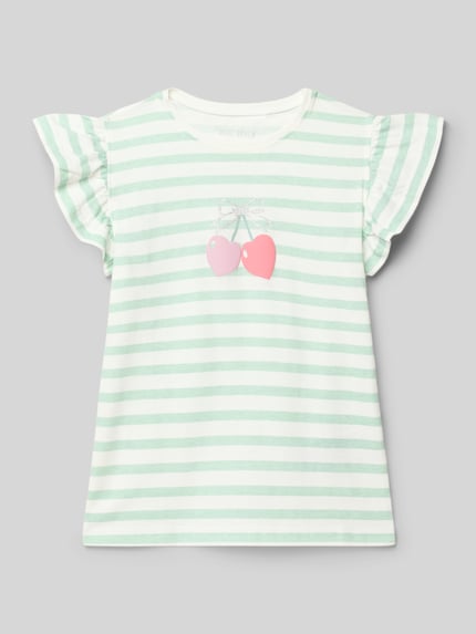 Productfoto, T-Shirt met vlindermouwen en motiefprint van Blue Seven, puur katoen, rechte fit, ronde hals, pastelgroene strepen, motiefprint kersen, ruglengte maat 116: 45 cm