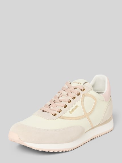Produktfoto, sneakersy z mieszanki skóry model 'Lorain' od Blauer USA, krój zaokrąglony, detal z logo, wiązanie, profilowana podeszwa, wysokość obcasa 3 cm, wysokość cholewki 9 cm, szerokość w rozmiarze 40: 8 cm, jasne kolory, matowe i gładkie faktury