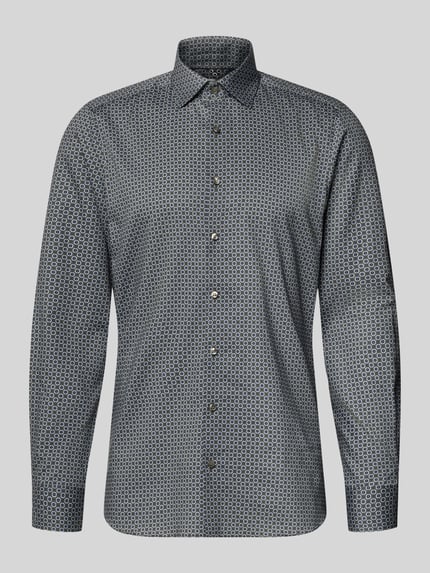 Produktfoto, Slim Fit zakelijk overhemd uit puur katoen met Kentkraag, knoopsluiting, Olymp Level Five, donkerblauw patroon, maat 40, ruglengte 80 cm, schouderbreedte 44 cm, mouwlengte 68 cm.
