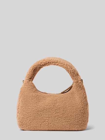 Productfoto, Handtasche aus Teddyfell mit Label-Stitching van Karo Kauer, lichtbruin, zachte teddytextuur, hoofdvak met rits, draaghengsel, schouderriem, 37x24x13cm, schouderriem 50cm
