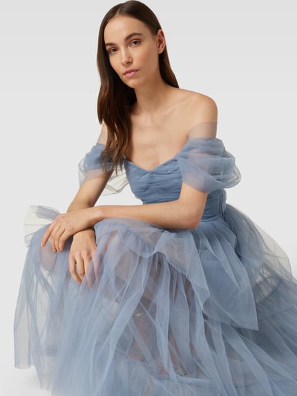 Lace & Beads Avondjurk in off shoulder-design Rookblauw - 3