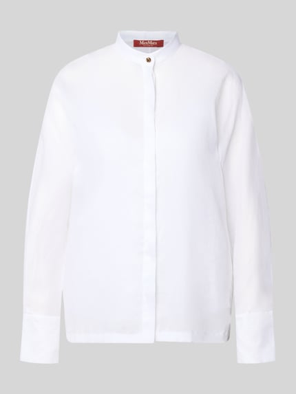 Produktfoto, Loose Fit Langarmbluse aus reinem Ramie Modell 'BALDI' von Max Mara Studio, biała, jednolita, stójka, długi rękaw, z ukrytą listwą guzikową, wykonana z tkaniny, damska