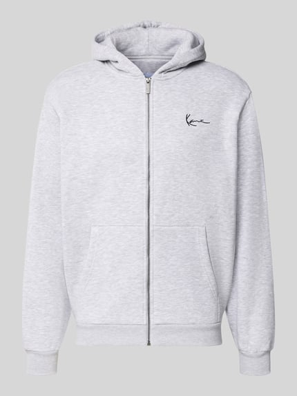 Produktfoto, Sweatjacke mit Label-Stitching und Känguru-Tasche von Karl Kani im Regular Fit aus grau meliertem Baumwoll-Mix, Kapuze, Reißverschluss, klassische Textur