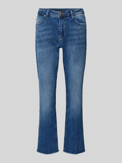 Produktfoto, Flared Jeans mit Fransen Modell 'VIC' von Raffaello Rossi aus blauem Baumwoll-Mix mit Stretch, Cropped, strukturierte Textur