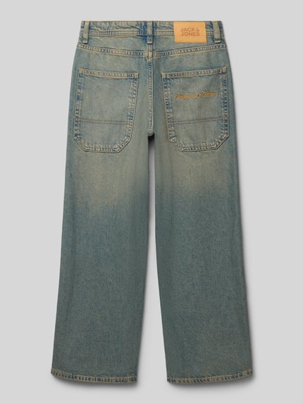 Productfoto, Baggy Fit Jeans in 5-pocketmodel model 'ALEX' van Jack & Jones, puur katoen, knoop- en ritssluiting, bandwijdte maat 140 34 cm, binnenbeenlengte 61 cm, kinderkleding, blauwe denimkleur, lichte wassing, zichtbare textuur