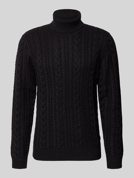 Produktfoto, czarny sweter z dzianiny z mieszanką bawełny, krój slim fit, ścieg warkoczowy, długie rękawy, prążkowany golf i prążkowane wykończenia, Model 'Callum' od JACK & JONES Premium, długość tyłu w rozmiarze M: 73 cm, długość rękawów w rozmiarze M: 74 cm