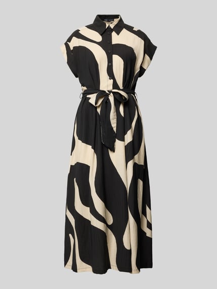 Produktfoto, Hemdblusenkleid mit Bindegürtel Modell 'NIKITA' von Mango, Viskose-Mix, Taillierter Schnitt, Midikleid, schwarz-beige Muster, Hemdblusenkragen, Knopfleiste, Ärmel mit fixiertem Aufschlag, strukturierte Oberfläche.