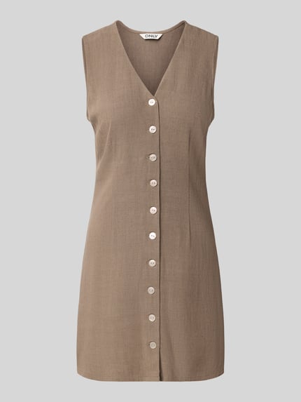 Productfoto, Tailliertes vrijetijdsjurk uit viskose-linnen-mix model 'SIESTA' van Only, look: effen, getailleerd, minilengte, V-hals, knoopsluiting, mouwloos, materiaalverwerking: gevlamd garen, materiaal: mix van viscose en linnen