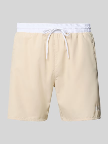 Productfoto, Regular Fit Badehose mit Logo-Print Modell 'STARFISH' van BOSS voor heren, lichtgeel, elastische taille met wit koord, gladde textuur.