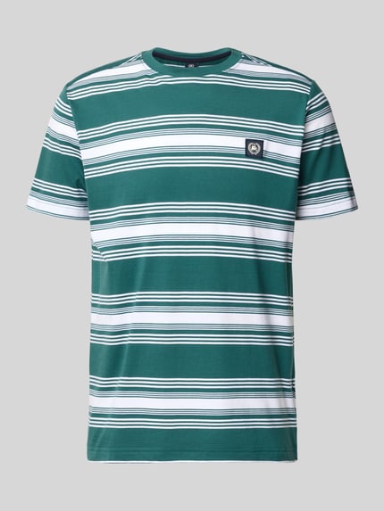 Produktfoto, T-Shirt mit Label-Patch und Rundhalsausschnitt von Lerros, grün-weiß gestreift, Reine Baumwolle, Regular-Fit, Rückenlänge 72 cm, Größe M