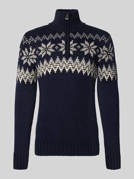 Produktfoto, Slim Fit Pullover aus wolmix Model 'Myking' van Dale of Norway, donkerblauw met wit Noors patroon, schipperskraag, Ruglengte bij maat M: 72 cm, Mouwlengte bij maat M: 69 cm