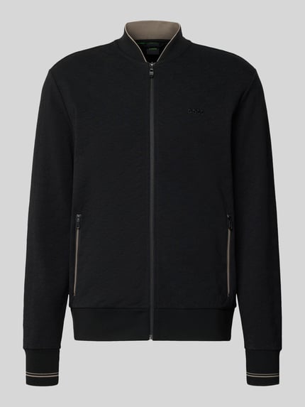 Produktfoto, Regular Fit Sweatjacke aus Baumwoll-Mix Modell 'SW_Revival Skarley' von BOSS Green in Schwarz mit dezentem Muster und Reißverschlusstaschen.