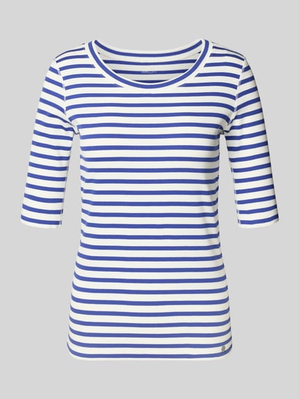 Produktfoto, T-Shirt mit Rundhalsausschnitt und 1/2-Arm von Marc Cain, blau-weiß gestreift, aus Baumwoll-Elasthan-Mix, Regular-Fit, Rückenlänge bei Größe 36: 58 cm