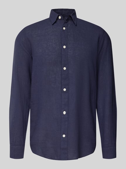Produktfoto, Slim Fit Freizeithemd aus Baumwoll-Leinen-Mix Modell 'CAIDENLS SOLID' von Only & Sons, Optik: Unifarben, Struktur Flammgarn, Knopfleiste durchgehend, Kentkragen, Farbe Dunkelblau.