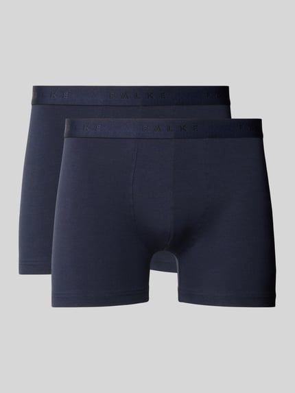 Produktfoto, zwei dunkelblaue Trunks mit elastischem Logo-Bund, Baumwoll-Mix mit Stretch-Anteil, eng anliegend, Trunks mit elastischem Logo-Bund Modell 'Daily Comfort' von Falke.
