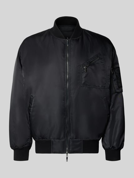Produktfoto, Bomberjacke mit Stretch-Anteil von Emporio Armani in Schwarz, Satinoptik, gerippte Abschlüsse, Reißverschlusstaschen, lockere Passform