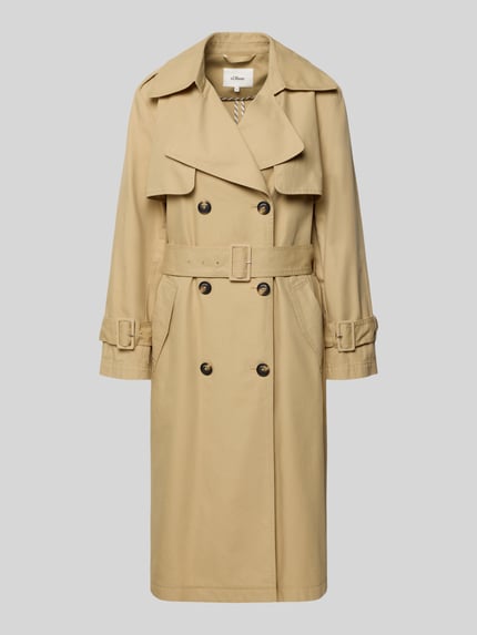 Produktfoto, Regular Fit Trenchcoat aus Baumwoll-Lyocell-Mix von s.Oliver RED LABEL, beżowy, długi, krój regular fit, twill, pasek, dwurzędowe guziki, klapy, pasek z klamrą, kieszenie z patkami, detal gun flap, rozcięcie z tyłu