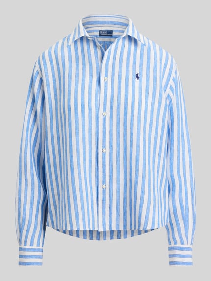 Produktfoto, Boxy Fit Hemdbluse aus reinem Leinen von Polo Ralph Lauren mit blau-weißem Allover-Streifenmuster und Logo-Stitching