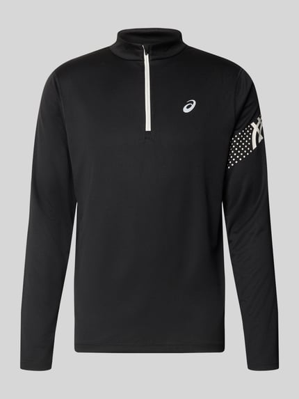 Produktfoto, bluzka z długim rękawem z kołnierzem zapinanym Model 'ICON' od ASICS TIGER, prosty krój, nadruk z logo, długość tyłu w rozmiarze M: 72 cm, kolor czarny z białymi detalami
