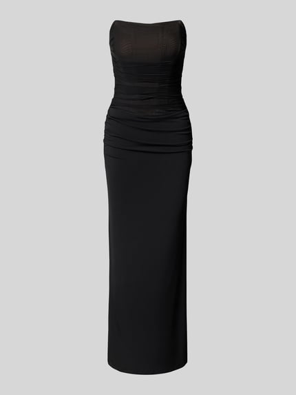 Produktfoto, Slim Fit avondjurk met plooien model 'Rendall' van Forever New, zwarte elastische materiaalmix, strapless, mesh, corsettop