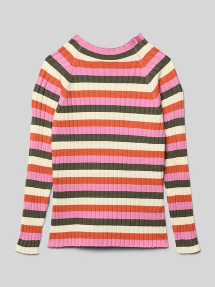 Produktfoto, Regular Fit Longsleeve aus Viskose-Mix von Blue Seven w paski różowe, kremowe, czerwone i oliwkowe, struktura prążkowana, stojący kołnierz, długość pleców 43 cm w rozmiarze 116