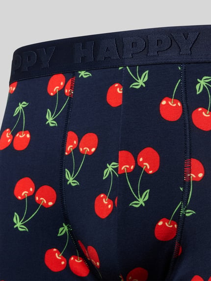 Produktfoto, Boxershorts mit elastischem Logo-Bund im 3er-Pack von Happy Socks im Baumwoll-Elasthan-Mix mit Kirschmuster, Nahaufnahme Oberkörper