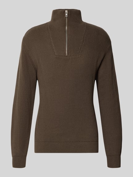 Produktfoto, Strickpullover mit Troyer-Kragen Modell 'RIVER' von Redefined Rebel in Dunkelbraun, reine Baumwolle, Regular Fit, Reißverschluss, strukturierte Oberfläche