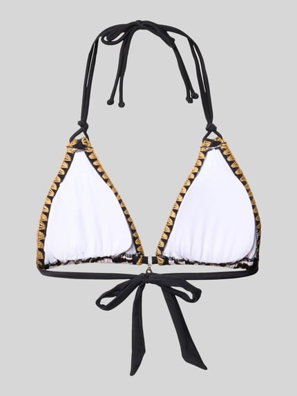Produktfoto, Bikini-Oberteil im Allover-Look Modell 'BLUCO WILDJUNGLE' von Banana Moon, Damen Bikini, Material-Mix mit Stretch-Anteil, körpernahe Passform, Neckholder, Schnürung, weiße Vorderseiten mit schwarzem Rand und goldfarbenem Muster, weiche Textur
