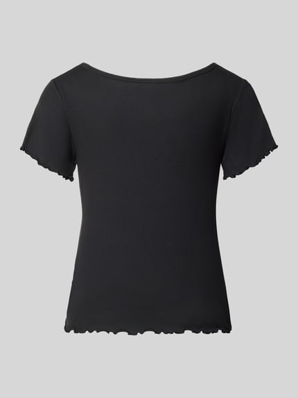 Frauenmodel trägt Regular Fit Pyjama-T-Shirt aus Modal-Mix Modell 'HUGO HEART' von HUGO, schwarz, feine Struktur, Damen Pyjama, Ganzkörperansicht Rückansicht.