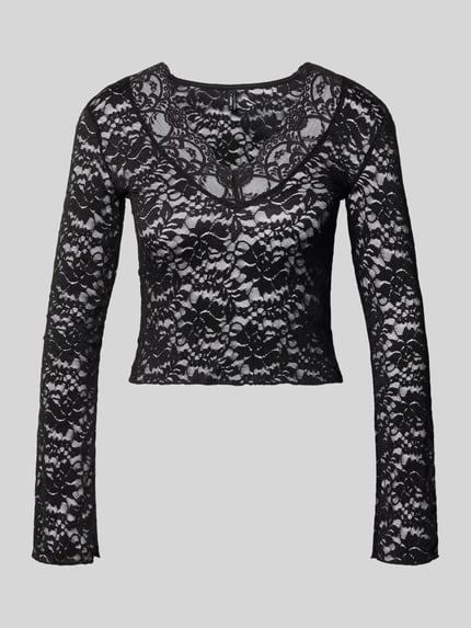 Produktfoto, zwart shirt met lange mouwen in kanten mesh-look, Slim Fit Langarmshirt in Spitzen-Mesh-Optik Modell 'NIKKA' van ONLY, Dames