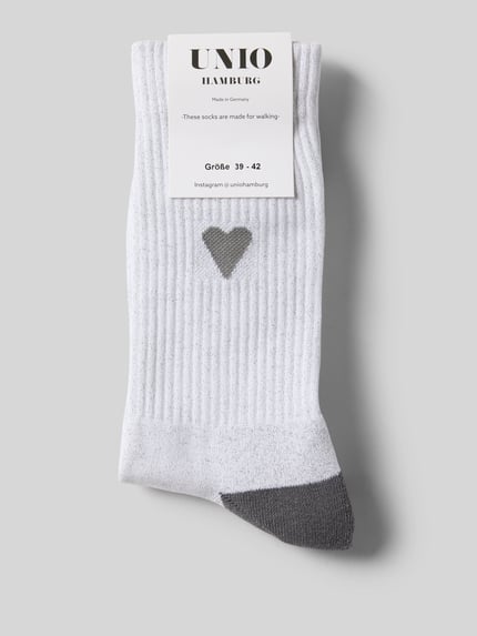 Produktfoto, Socken met Label-Print van Unio, wit met grijs, ribstructuur, katoen-metaalmix met stretch, damesmodel, geribbelde boord