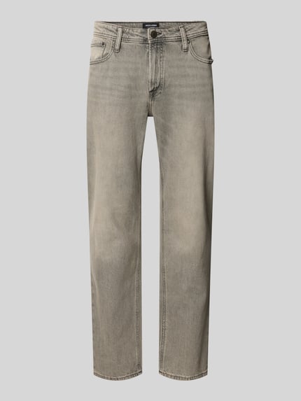 Produktfoto, Regular Fit Jeans im Used-Look Modell 'CLARK' von JACK & JONES, mieszanka bawełny z dodatkiem streczu, efekt znoszenia, wpuszczane kieszenie, szerokość w rozmiarze 32/32: 42 cm, długość wewnętrzna nogawki: 75 cm