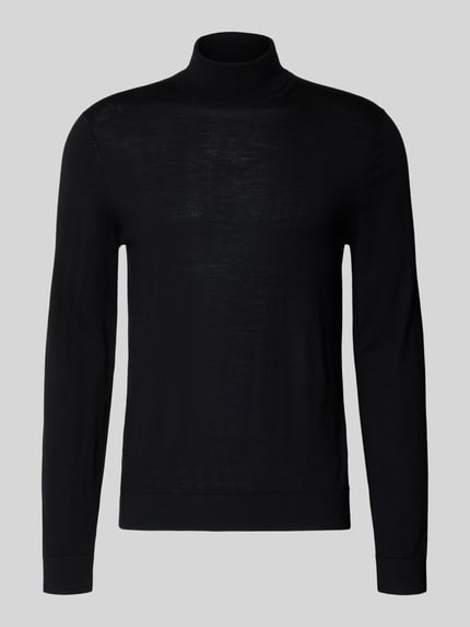 Produktfoto, schwarzer Rollkragenpullover aus reiner Merinowolle, Modell 'TRAY' von SELECTED HOMME, Körpernaher-Schnitt, Gerippte-Abschlüsse