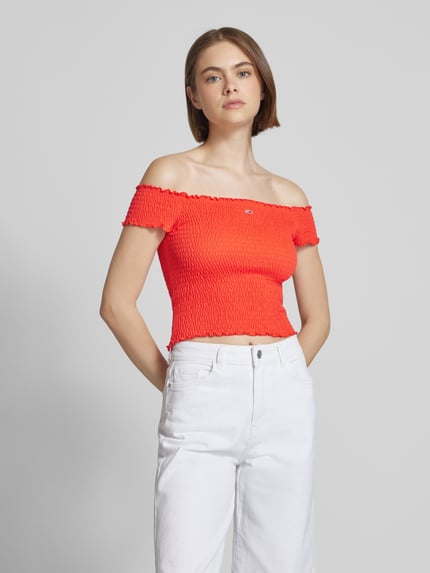 Tommy Jeans Top krótki o kroju slim fit z marszczonymi wstawkami Koralowy 4